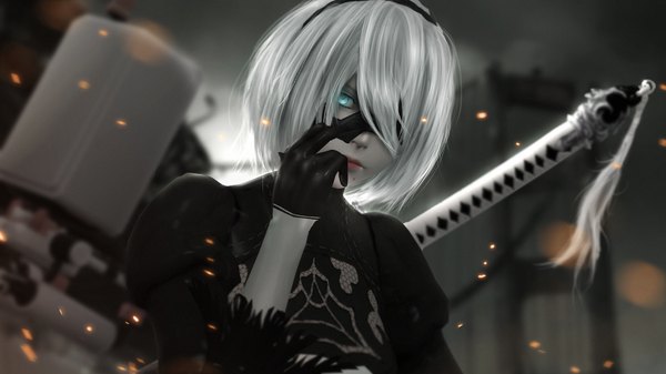 Anime picture 1920x1080 with nier nier:automata yorha no. 2 type b fringe highres short hair wide image silver hair white hair aqua eyes lips hair over one eye mole mole under mouth covering eye (eyes) girl gloves weapon sparks