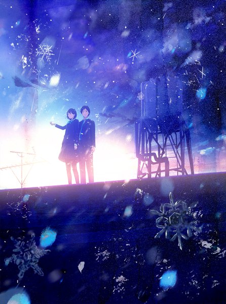 Anime-Bild 1116x1500 mit original yukihiro nakamura tall image short hair black hair standing looking away sky outdoors pleated skirt black eyes sunlight lens flare evening snowing sunset landscape girl boy skirt