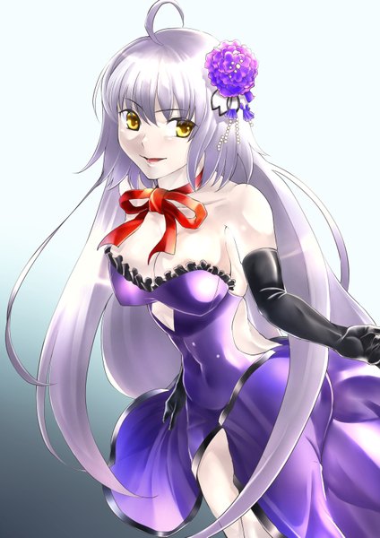 Anime picture 579x819 with fate (series) fate/grand order jeanne d'arc (fate) (all) jeanne d'arc alter (fate) muneyama ken single long hair tall image looking at viewer fringe breasts open mouth light erotic simple background smile hair between eyes large breasts standing bare shoulders yellow eyes