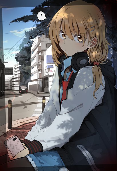 Anime picture 2021x2953 with original kazenoko single long hair tall image fringe highres blonde hair sitting holding outdoors head tilt frown headphones around neck ! girl earrings necktie jacket headphones