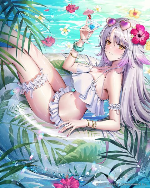 Anime picture 1500x1875 with original jademoon single long hair tall image looking at viewer blush fringe breasts light erotic hair between eyes large breasts holding yellow eyes cleavage silver hair outdoors nail polish hair flower from above