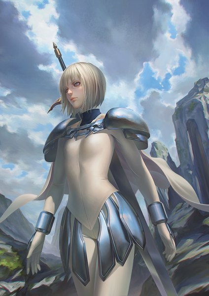 Anime picture 800x1131 with claymore madhouse clare (claymore) gooloo0-o single tall image fringe short hair blonde hair standing looking away sky cloud (clouds) upper body outdoors grey eyes rock girl gloves weapon