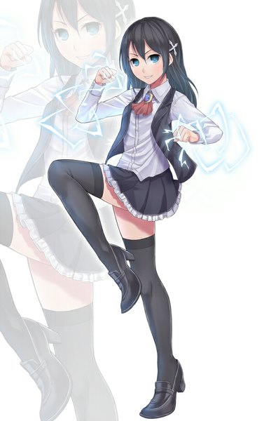 Anime picture 530x800 with original ray-akila single long hair tall image looking at viewer open mouth black hair smile standing bent knee (knees) pleated skirt frilly skirt zoom layer clenched teeth electricity girl thighhighs skirt hair ornament