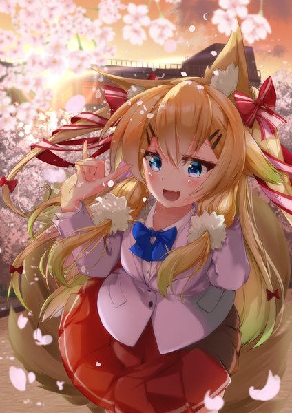 Anime picture 1754x2481 with virtual youtuber chirolo (vtuber) saw ronbow single long hair tall image looking at viewer blush fringe highres open mouth blue eyes blonde hair smile hair between eyes animal ears payot sky outdoors tail