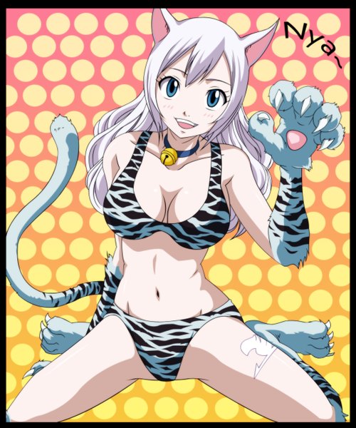 Anime picture 1108x1330 with fairy tail lisanna strauss x-ray99 single long hair tall image blush open mouth blue eyes light erotic smile sitting animal ears white hair cat ears inscription cat girl cat tail tattoo coloring
