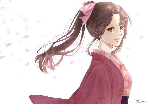 Anime picture 932x656 with gintama sunrise (studio) tokugawa soyo kotoha (user anzh3572) single long hair looking at viewer fringe simple background brown hair white background brown eyes signed payot upper body ponytail traditional clothes japanese clothes floating hair floral print