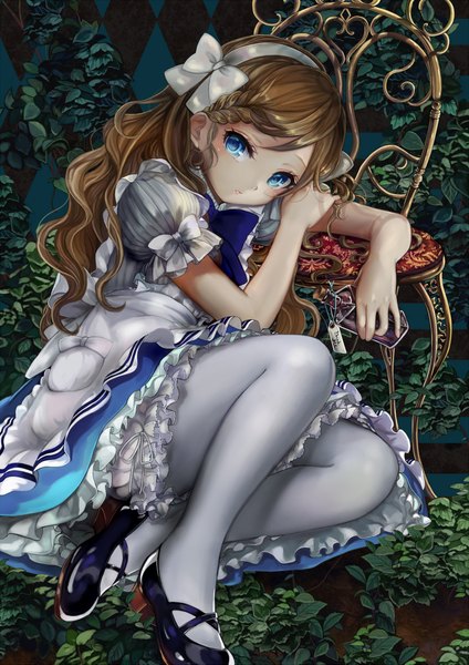Anime picture 1500x2121 with alice in wonderland alice (wonderland) pisuke single long hair tall image looking at viewer blue eyes blonde hair wavy hair girl dress bow plant (plants) pantyhose frills hairband chair