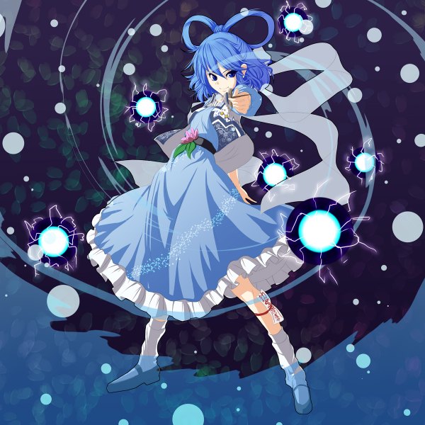 Anime picture 1200x1200 with touhou kaku seiga m134 single short hair blue eyes blue hair magic lightning girl dress hair ornament shawl
