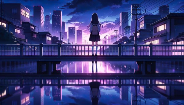Anime picture 4800x2740 with original baro single long hair highres black hair wide image standing absurdres sky cloud (clouds) full body outdoors from behind city reflection cityscape scenic river girl