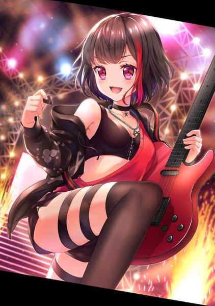 Anime picture 1764x2508 with bang dream! mitake ran noan single tall image looking at viewer blush fringe highres short hair breasts open mouth light erotic black hair smile red eyes holding cleavage indoors blunt bangs