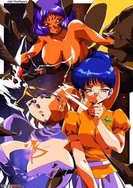 Anime picture 2480x3507 with bishoujo senshi sailor moon toei animation sailor moon monster book widow (sailor moon) akiyama higure hinomars19 tall image highres short hair breasts light erotic red eyes large breasts multiple girls green eyes blue hair purple hair hair bun (hair buns) puffy sleeves border