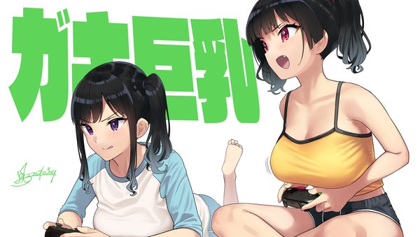 Anime picture 1500x847 with original sasaki kanna (kaedeko) sasaki miyuki (kaedeko) kaedeko (kaedelic) long hair fringe short hair breasts open mouth light erotic black hair simple background red eyes wide image large breasts sitting purple eyes twintails bare shoulders multiple girls
