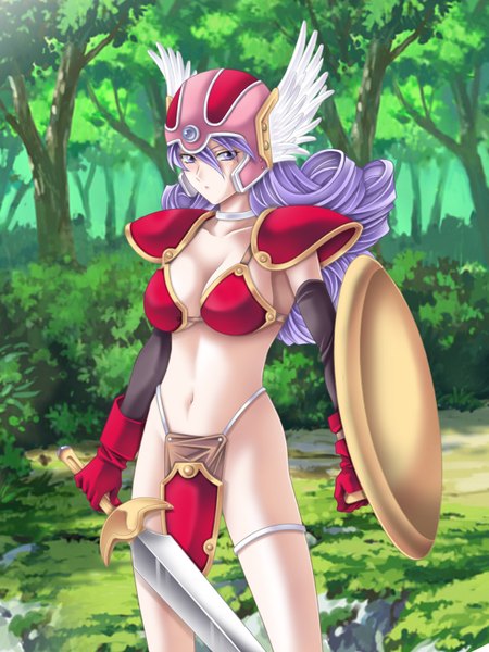 Anime picture 1200x1600 with dragon quest soldier (dq3) tamamon long hair tall image light erotic simple background purple eyes purple hair head wings girl gloves navel sword tree (trees) bikini top forest helmet shield