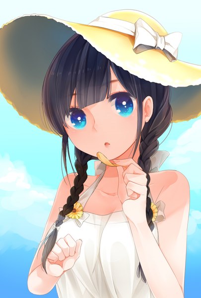 Anime picture 1181x1748 with original maingl single long hair tall image looking at viewer fringe breasts open mouth blue eyes black hair bare shoulders holding sky cloud (clouds) braid (braids) head tilt twin braids girl dress