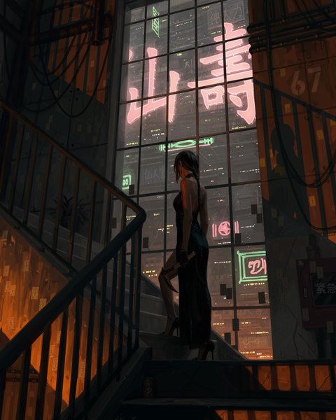 Anime picture 5000x6247 with original guweiz single long hair tall image highres black hair standing holding payot absurdres full body indoors braid (braids) realistic shadow from below high heels city single braid