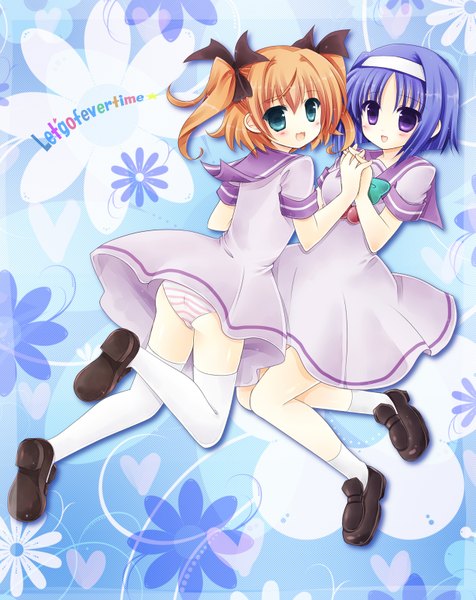 Anime picture 1265x1593 with kaitou tenshi twin angel twin angel kannazuki aoi minazuki haruka (twin angel) kouta. tall image blush short hair open mouth blue eyes light erotic smile purple eyes multiple girls purple hair looking back orange hair two side up girl thighhighs