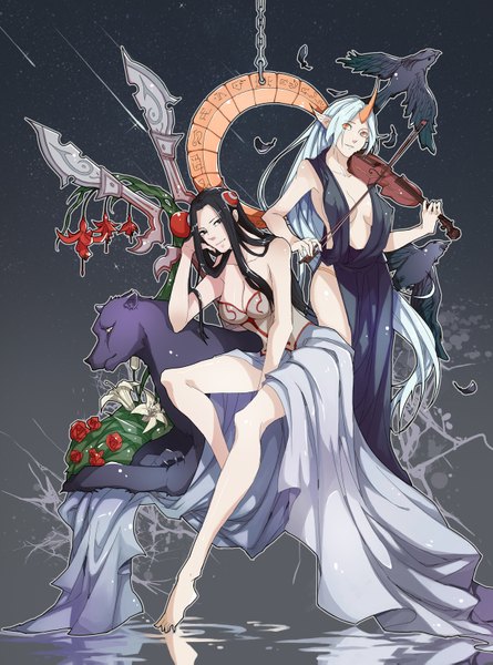 Anime picture 1148x1547 with league of legends irelia (league of legends) soraka (league of legends) yangcong mao long hair tall image breasts light erotic black hair smile multiple girls white hair very long hair horn (horns) pointy ears no bra orange eyes legs girl 2 girls
