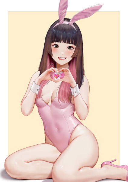 Anime picture 2480x3508 with real life franzeska edelyn jubi (regiana) single long hair tall image looking at viewer blush fringe highres breasts light erotic simple background smile brown hair sitting brown eyes signed animal ears blunt bangs