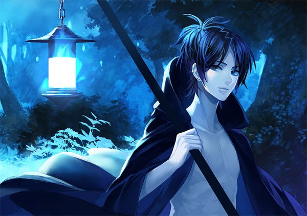 Anime picture 864x610 with katekyou hitman reborn rokudo mukuro toti (pixiv) single looking at viewer short hair black hair ahoge outdoors parted lips night open clothes heterochromia piercing ear piercing boy plant (plants) earrings tree (trees) cloak