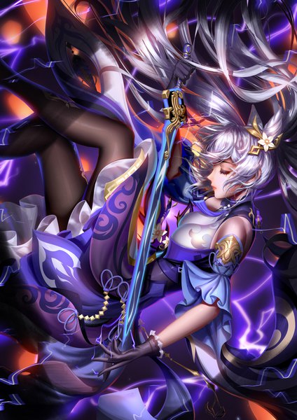 Anime picture 2828x4000 with genshin impact keqing (genshin impact) liang xing single tall image blush fringe highres breasts large breasts twintails holding purple hair bent knee (knees) eyes closed very long hair profile hair bun (hair buns) floating hair electricity