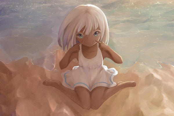 Anime picture 2807x1868 with original munseonghwa single looking at viewer fringe highres short hair blue eyes smile hair between eyes sitting bare shoulders silver hair full body outdoors barefoot from above sleeveless beach dark skin