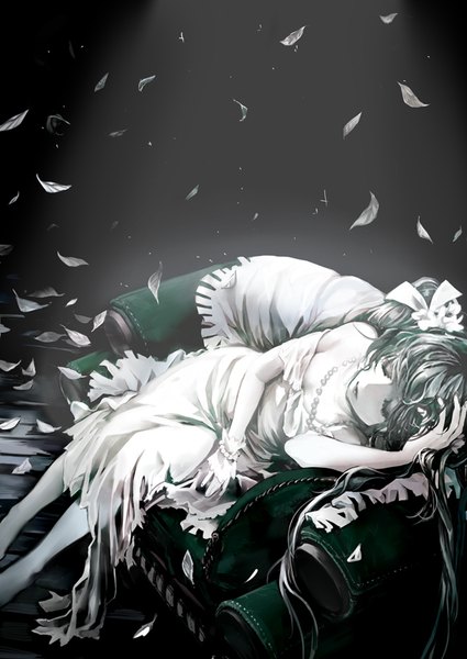 Anime picture 600x847 with vocaloid hatsune miku ggoorri single long hair tall image fringe twintails bare shoulders eyes closed lips bare legs alternate costume torn clothes monochrome sleeping eyeshadow girl dress petals
