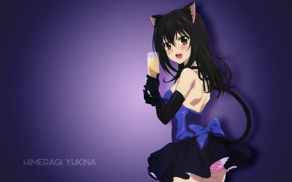 Anime picture 1920x1200 with strike the blood himeragi yukina assassinwarrior imoto yuki otakurenders-service single looking at viewer blush fringe highres breasts open mouth light erotic black hair smile bare shoulders holding brown eyes animal ears ass