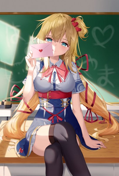 Anime picture 3059x4543 with virtual youtuber hololive akai haato akai haato (1st costume) chanpower233 single long hair tall image looking at viewer blush fringe highres blue eyes blonde hair hair between eyes sitting twintails holding absurdres indoors