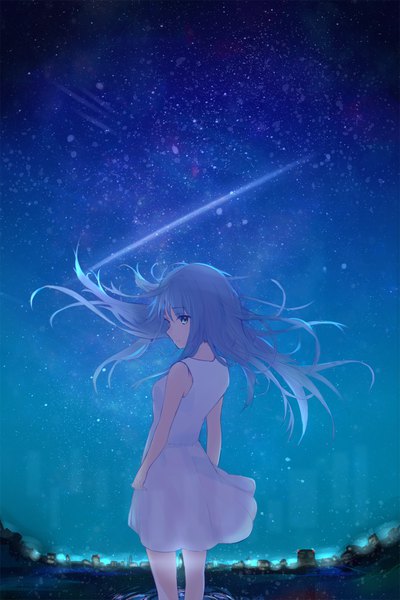 Anime picture 960x1440 with original hyakunin momoko single long hair tall image looking at viewer blue eyes standing blue hair looking back wind from behind night night sky partially submerged city cityscape shooting star girl dress