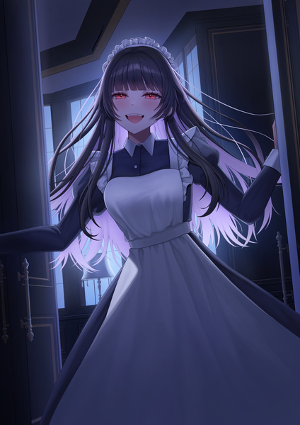 Anime picture 2480x3508 with original kangse415 single long hair tall image looking at viewer blush fringe highres open mouth black hair smile red eyes standing purple hair indoors blunt bangs long sleeves :d multicolored hair