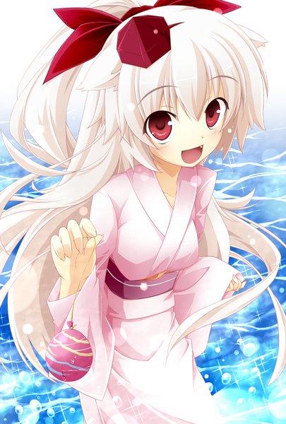 Anime picture 1377x2039 with touhou inubashiri momiji kanzaki sora long hair tall image open mouth red eyes animal ears white hair japanese clothes half updo girl bow hair bow kimono