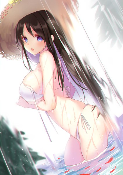 Anime picture 705x1000 with original amahara pekozaemon single long hair tall image looking at viewer blush fringe breasts open mouth blue eyes light erotic black hair hair between eyes large breasts outdoors looking back wet dutch angle partially submerged