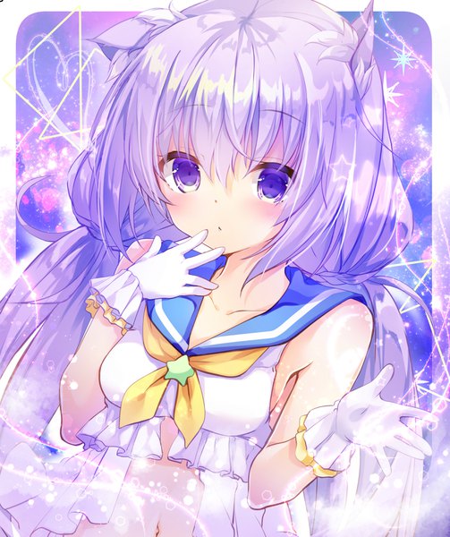 Anime picture 2980x3553 with original kinokomushi single long hair tall image blush fringe highres hair between eyes purple eyes twintails animal ears purple hair upper body sleeveless low twintails hand to mouth sailor collar magical girl girl