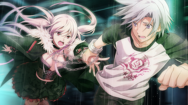 Anime picture 1280x720 with disorder 6 joe (disorder 6) shiina (disorder 6) long hair short hair open mouth red eyes wide image purple eyes pink hair game cg silver hair rain girl dress boy jacket chain