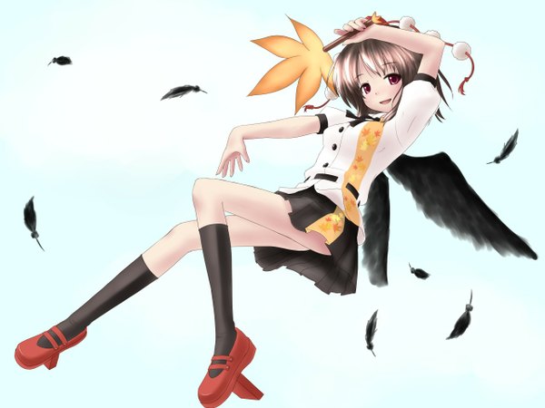Anime picture 1280x960 with touhou shameimaru aya natsu no koucha short hair black hair flying black wings girl skirt ribbon (ribbons) hat wings feather (feathers) fan hauchiwa