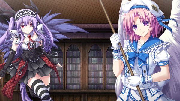 Anime picture 1280x720 with tenbin no la dea eushully long hair looking at viewer short hair red eyes wide image purple eyes twintails multiple girls game cg purple hair girl thighhighs dress gloves 2 girls wings beret striped thighhighs