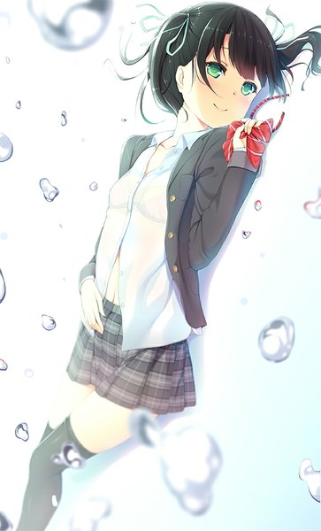 Anime picture 605x1000 with original peragura single long hair tall image looking at viewer blush black hair smile green eyes lying girl thighhighs skirt ribbon (ribbons) black thighhighs hair ribbon shirt bubble (bubbles)