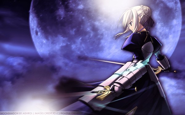 Anime picture 1920x1200 with fate (series) fate/stay night studio deen type-moon artoria pendragon (all) saber highres wide image sky sword moon