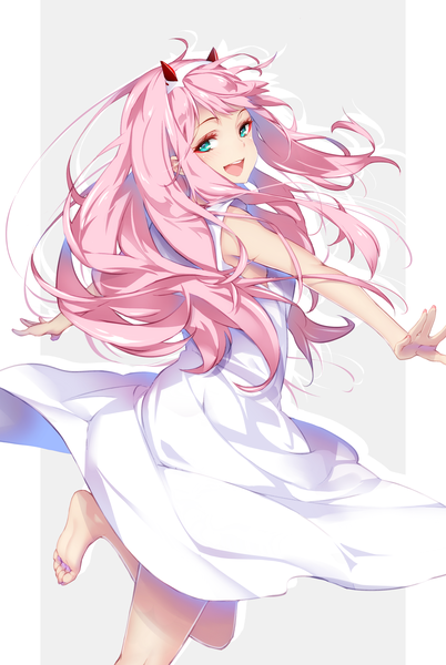 Anime picture 3602x5374 with darling in the franxx studio trigger zero two (darling in the franxx) hong (white spider) single long hair tall image looking at viewer blush fringe highres open mouth simple background smile standing pink hair absurdres :d looking back barefoot