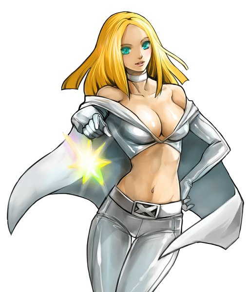 Anime picture 1000x1169 with x-men tagme (character) morechand single long hair tall image breasts open mouth simple background blonde hair white background bare shoulders green eyes girl navel choker belt star (stars)