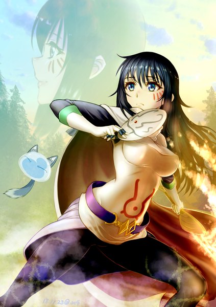 Anime picture 1049x1488 with tensei shitara slime datta ken 8bit rimuru tempest izawa shizue oc4 oshiyon long hair tall image fringe breasts blue eyes black hair hair between eyes large breasts standing holding signed animal ears payot looking away sky