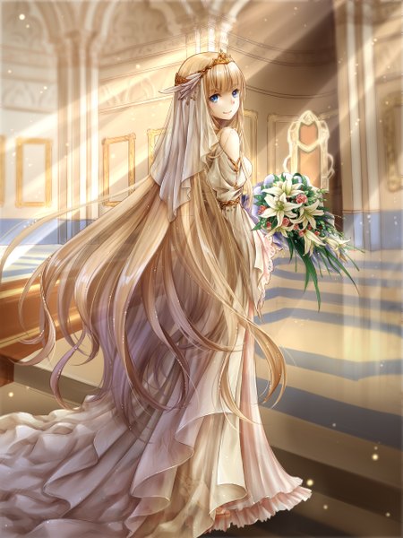 Anime picture 1920x2560 with original syrinxwell311 single tall image highres blue eyes blonde hair smile bare shoulders very long hair looking back girl dress flower (flowers) tiara bouquet