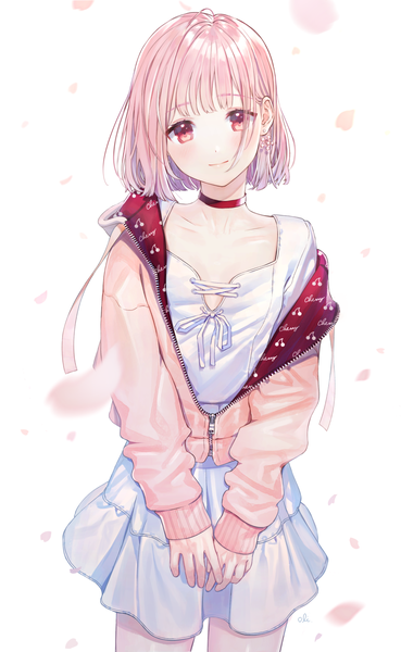 Anime picture 995x1616 with original oli single tall image looking at viewer blush fringe short hair simple background red eyes standing white background signed pink hair blunt bangs long sleeves light smile cherry blossoms sleeves past wrists clothes writing