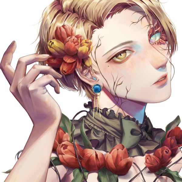 Anime picture 1307x1307 with original tokisamesigure single looking at viewer short hair simple background blonde hair white background yellow eyes upper body parted lips head tilt arm up hair flower lips mole mole under eye heterochromia portrait multicolored eyes