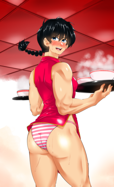 Anime picture 2499x4096 with ranma 1/2 saotome ranma omiiverse single long hair tall image looking at viewer blush fringe highres short hair open mouth light erotic black hair ass braid (braids) traditional clothes :d looking back from behind