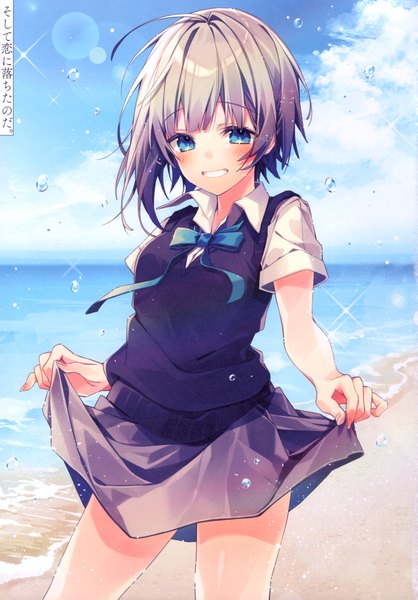 Anime picture 2796x4015 with original oshio (dayo) single tall image looking at viewer blush fringe highres short hair blue eyes smile standing outdoors blunt bangs grey hair blurry scan sparkle short sleeves beach