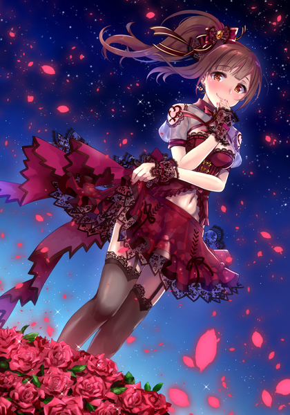 Anime picture 620x885 with idolmaster idolmaster cinderella girls idolmaster cinderella girls starlight stage igarashi kyouko futou ryouko single long hair tall image looking at viewer blush smile brown hair brown eyes side ponytail hand to mouth dramatic night girl thighhighs skirt flower (flowers)