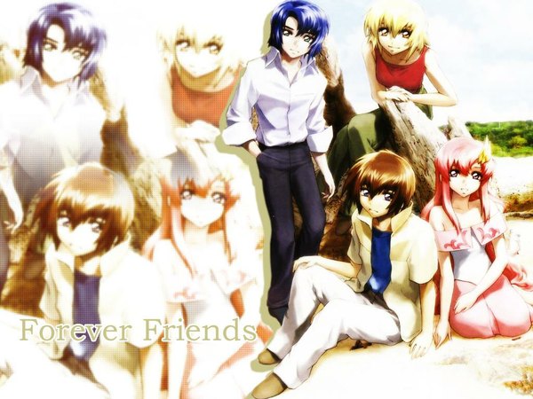 Anime picture 1024x768 with mobile suit gundam gundam seed sunrise (studio) lacus clyne kira yamato athrun zala cagalli yula athha long hair short hair blonde hair smile brown hair sitting bare shoulders multiple girls blue hair pink hair grey eyes orange eyes wallpaper