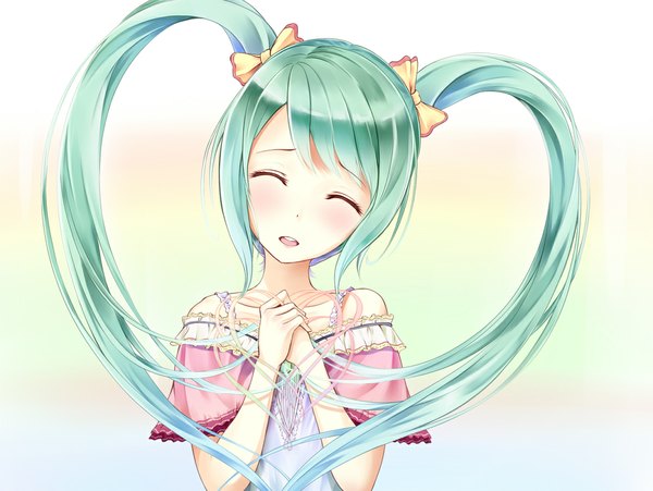 Anime picture 1064x800 with vocaloid hatsune miku kisuiaki single open mouth twintails eyes closed very long hair aqua hair girl dress