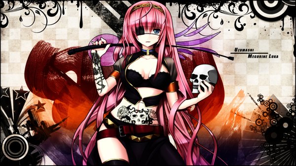 Anime picture 1920x1080 with vocaloid megurine luka single long hair looking at viewer highres blue eyes light erotic wide image pink hair tattoo girl thighhighs skirt navel black thighhighs hairband eyepatch skull riding crop
